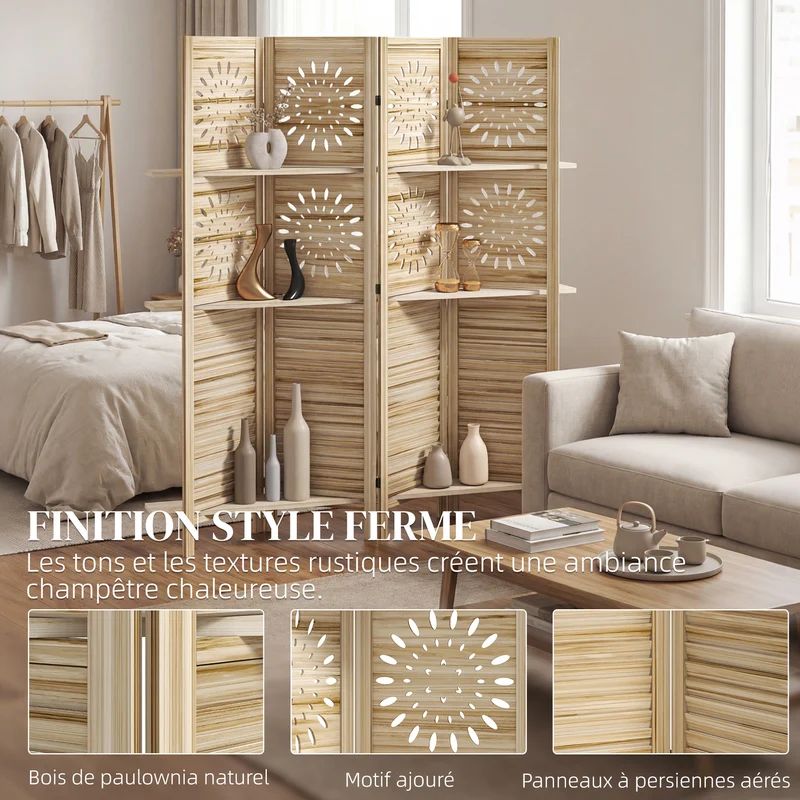 Paravent intérieur 4 panneaux ajouré 160 x 170 cm étagères intégrées intimité cosy rustique en bois de paulownia naturel 21_0003719