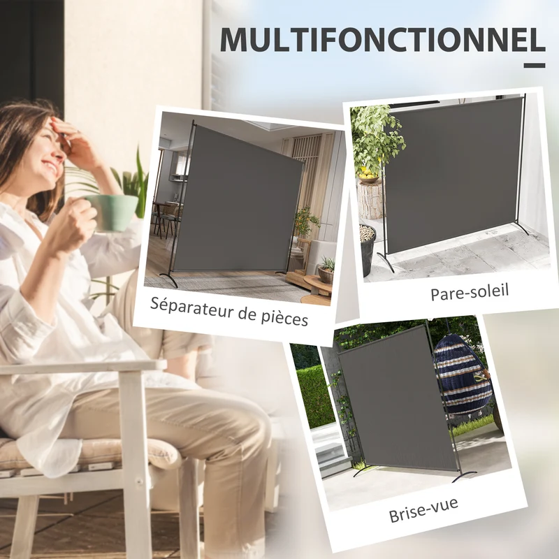 Paravent extérieur panneau 180 x 50 x 180 cm protection uv30+ tissu déperlant design salon pieds en polyester gris foncé 21_0005687