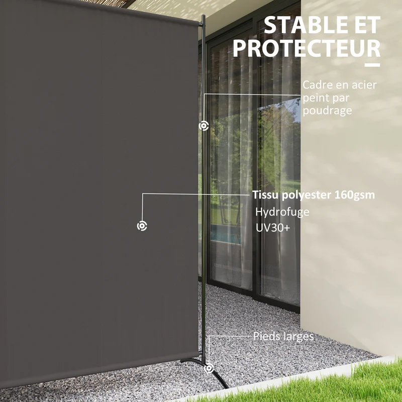 Paravent extérieur panneau 180 x 50 x 180 cm protection uv30+ tissu déperlant design salon pieds en polyester gris foncé 21_0005687