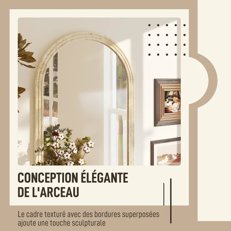 Miroir mural arqué salon et couloir 50 x 70 cm trempé incassable montage mural facile ultra moderne épuré en verre beige 21_0003700