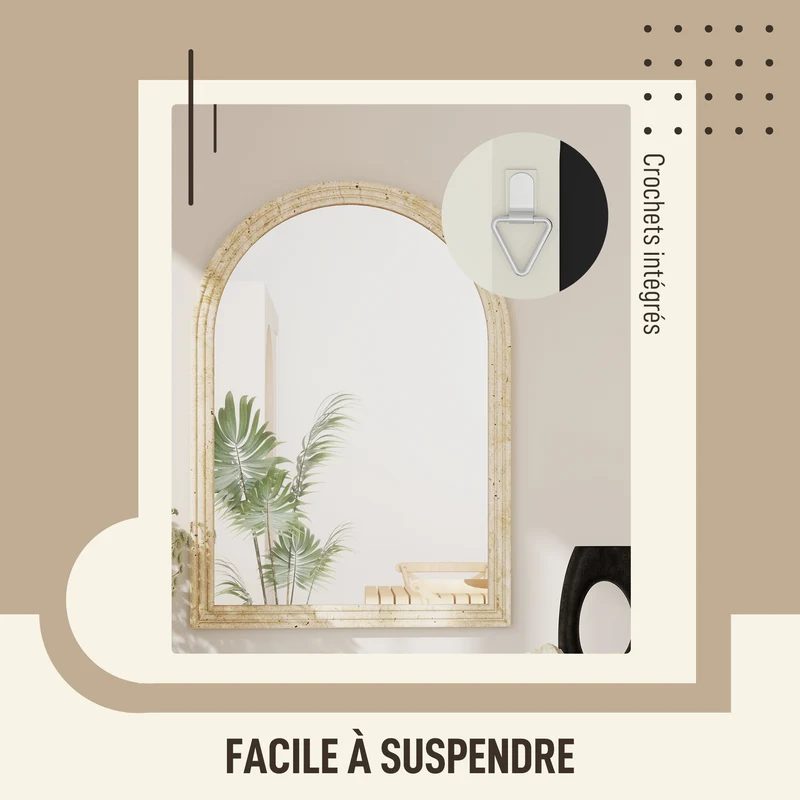 Miroir mural arqué salon et couloir 50 x 70 cm trempé incassable montage mural facile ultra moderne épuré en verre beige 21_0003700