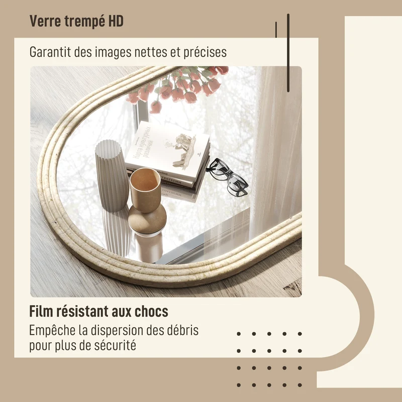 Miroir mural arqué salon et couloir 50 x 70 cm trempé incassable montage mural facile ultra moderne épuré en verre beige 21_0003700