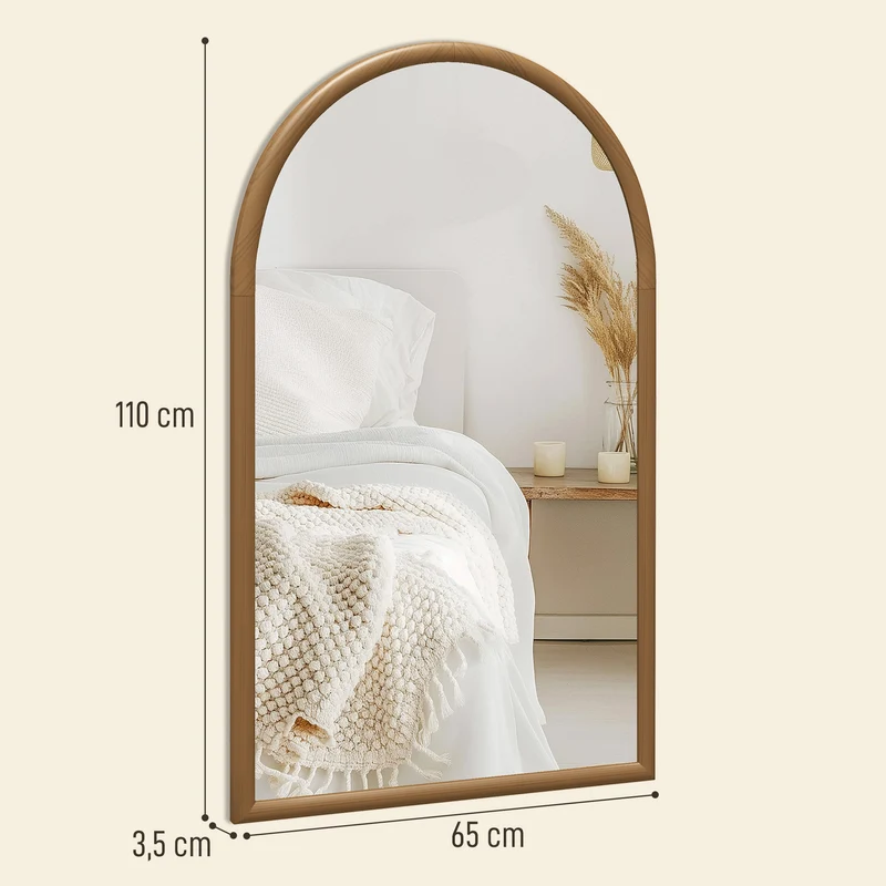 Miroir mural arche 65 x 110 cm installation facile anti-éclats style scandinave pour salon chambre en bois marron foncé 21_0001370