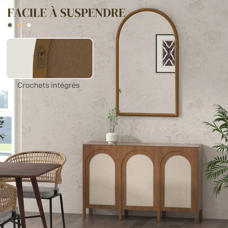 Miroir mural arche 65 x 110 cm installation facile anti-éclats style scandinave pour salon chambre en bois marron foncé 21_0001370