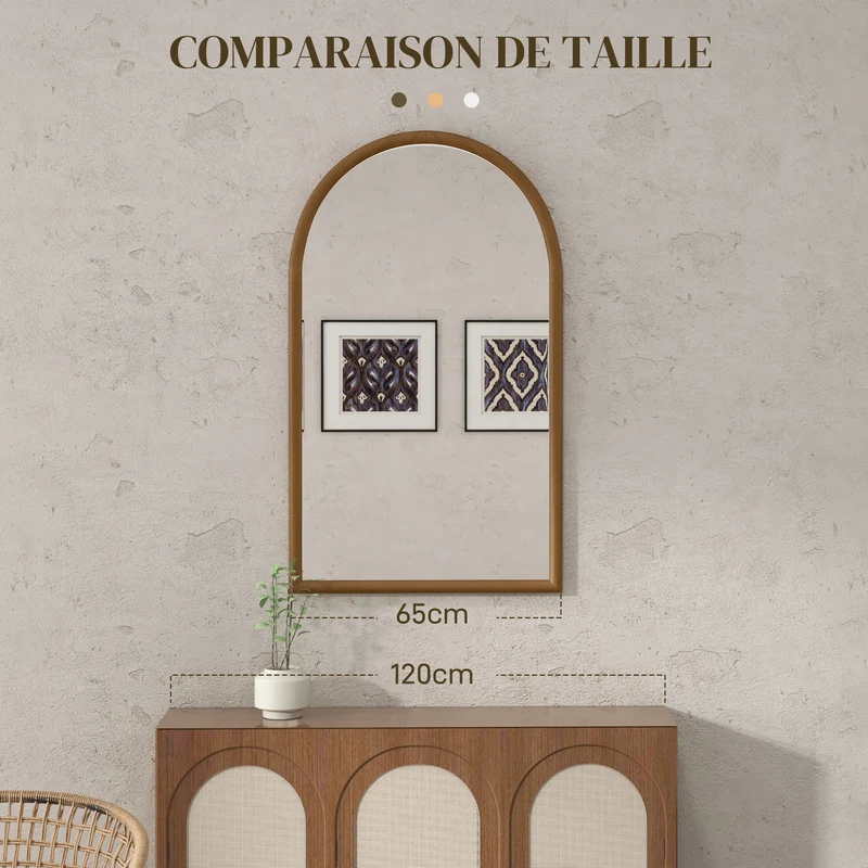 Miroir mural arche 65 x 110 cm installation facile anti-éclats style scandinave pour salon chambre en bois marron foncé 21_0001370