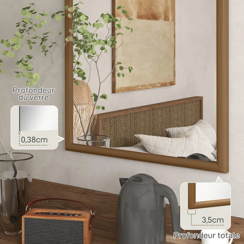 Miroir mural arche 65 x 110 cm installation facile anti-éclats style scandinave pour salon chambre en bois marron foncé 21_0001370