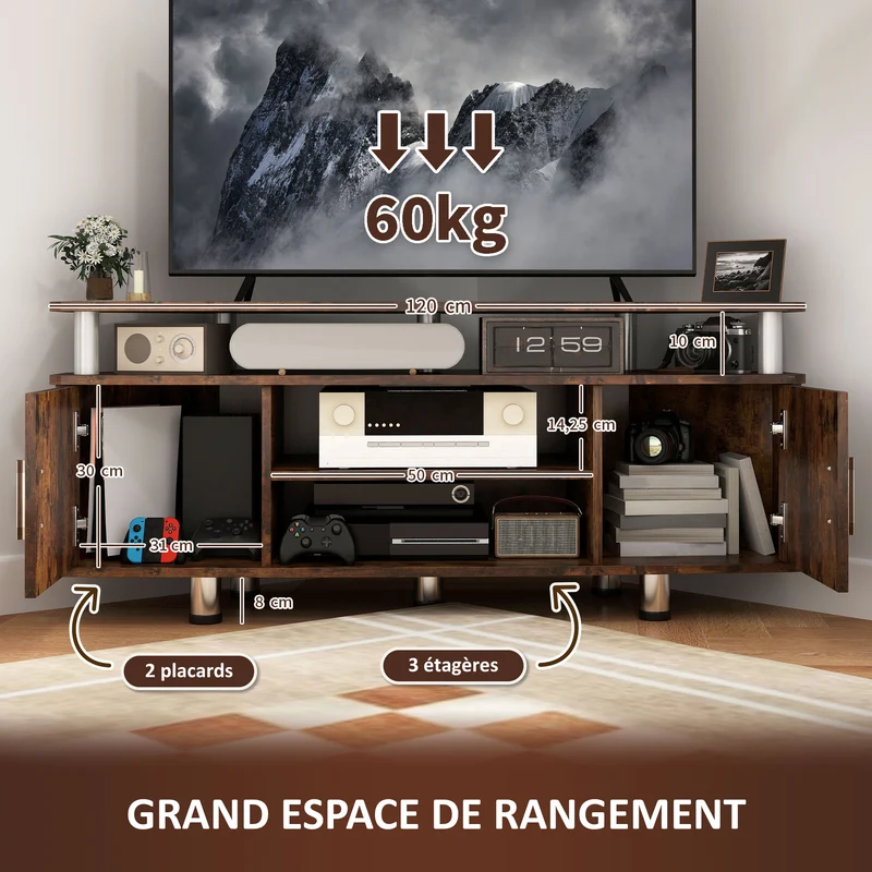 Meuble télévision pour écran jusqu'à 55 pouces 120 x 39,5 x 52 cm plateau large design en panneaux de particules marron 21_0001709