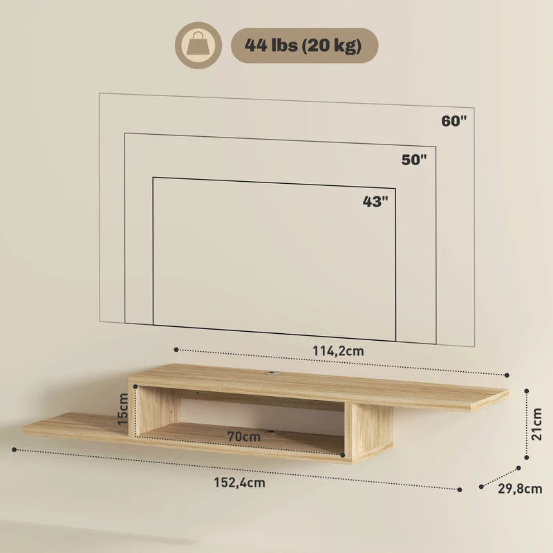 Meuble tv mural flottant 152,4 x 29,8 x 21 cm passe-fils gain de place moderne en panneau de particules chêne clair 21_0001829