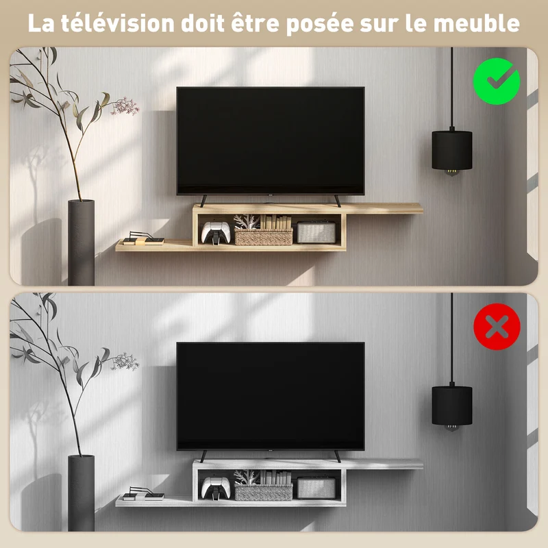 Meuble tv mural flottant 152,4 x 29,8 x 21 cm passe-fils gain de place moderne en panneau de particules chêne clair 21_0001829