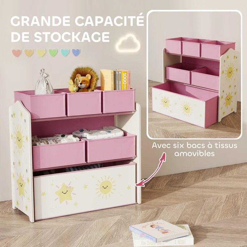 Meuble rangement enfant trois niveaux 63 x 30 x 66 cm rangement facile et coins arrondis décoratif moderne en MDF rose 21_0000169