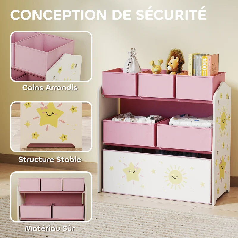 Meuble rangement enfant trois niveaux 63 x 30 x 66 cm rangement facile et coins arrondis décoratif moderne en MDF rose 21_0000169