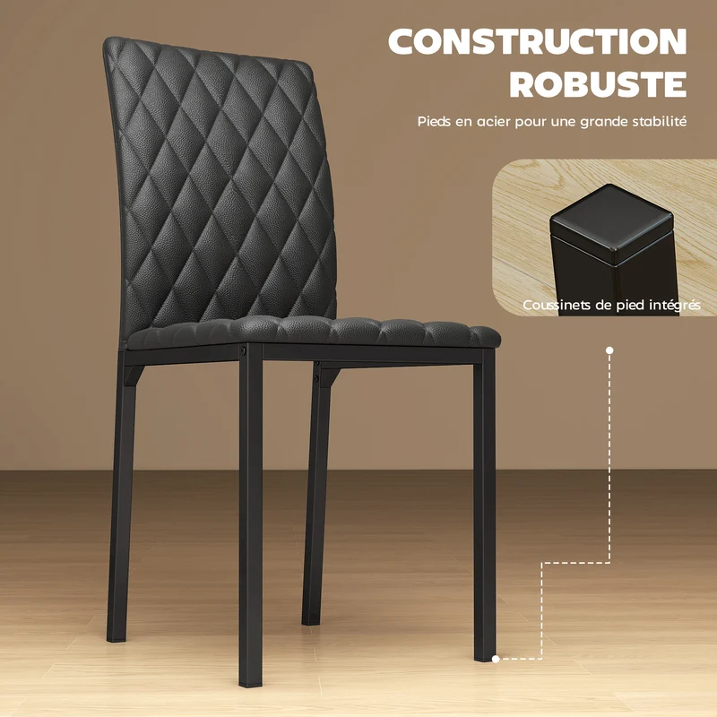 Lot de 4 chaises salle à manger dossier haut motif losange stables 41 x 50 x 91 cm nettoyage facile moderne en PVC noir 21_0002233