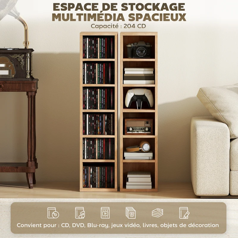 Lot de 2 étagères colonnes rangement cd 21 x 22,5 x 88,5 cm 204 cd moderne salon en panneaux de particules bois naturel 21_0001805
