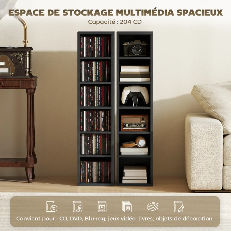 Lot de 2 colonnes rangement cd 12 compartiments 21 x 22.5 x 88.5 cm capacité 204 moderne en panneaux de particules noir 21_0001802