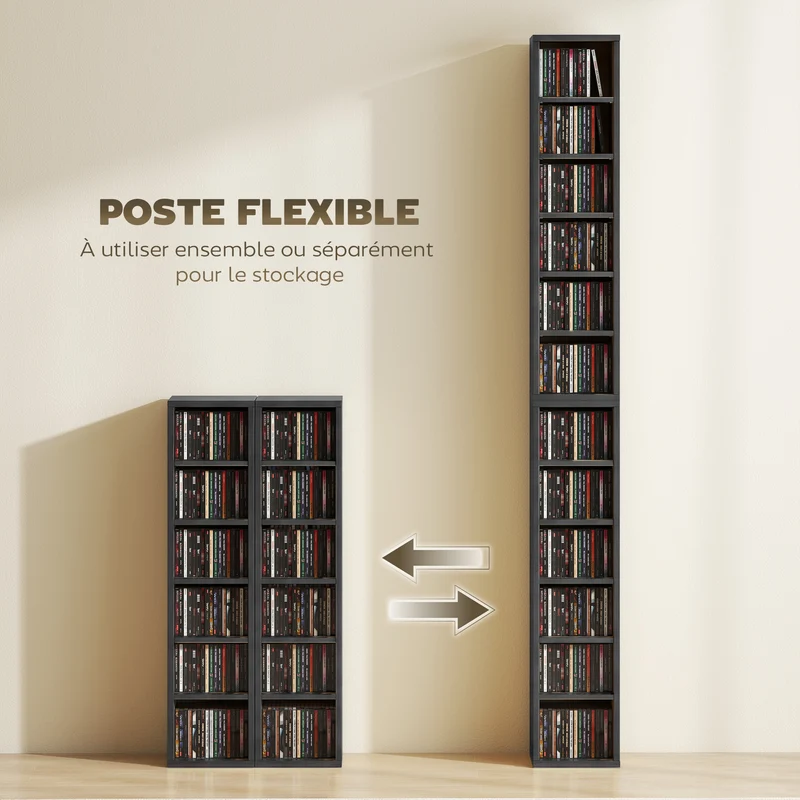 Lot de 2 colonnes rangement cd 12 compartiments 21 x 22.5 x 88.5 cm capacité 204 moderne en panneaux de particules noir 21_0001802
