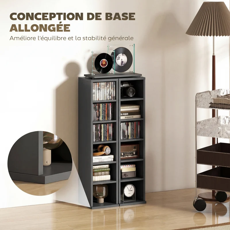 Lot de 2 colonnes rangement cd 12 compartiments 21 x 22.5 x 88.5 cm capacité 204 moderne en panneaux de particules noir 21_0001802