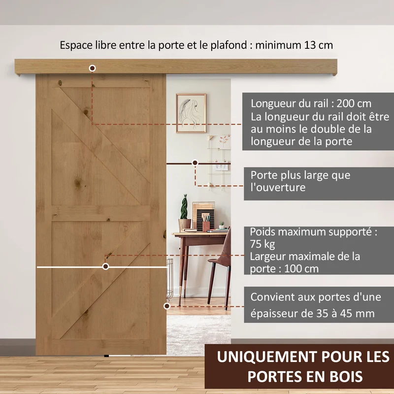 Kit porte coulissante bois 35-45 mm 200 x 3,05 x 3,06 cm gain de place montage simple style contemporain en MDF brun 21_0007140