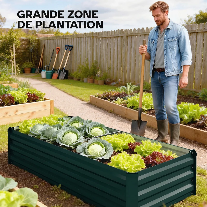 Jardinière potager surélevée 150 x 70 x 30 cm fond ouvert usage extérieur style moderne design en acier galvanisé vert 21_0005457