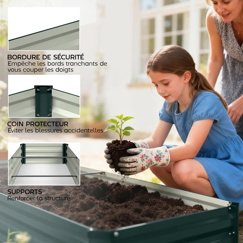 Jardinière potager surélevée 150 x 70 x 30 cm fond ouvert usage extérieur style moderne design en acier galvanisé vert 21_0005457