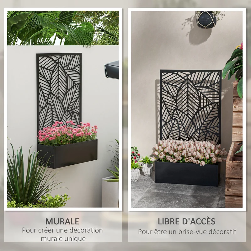 Jardinière paravent treillis 61 x 23 x 113 cm support pour plantes grimpantes séparation d'espace design en métal noir 21_0004331
