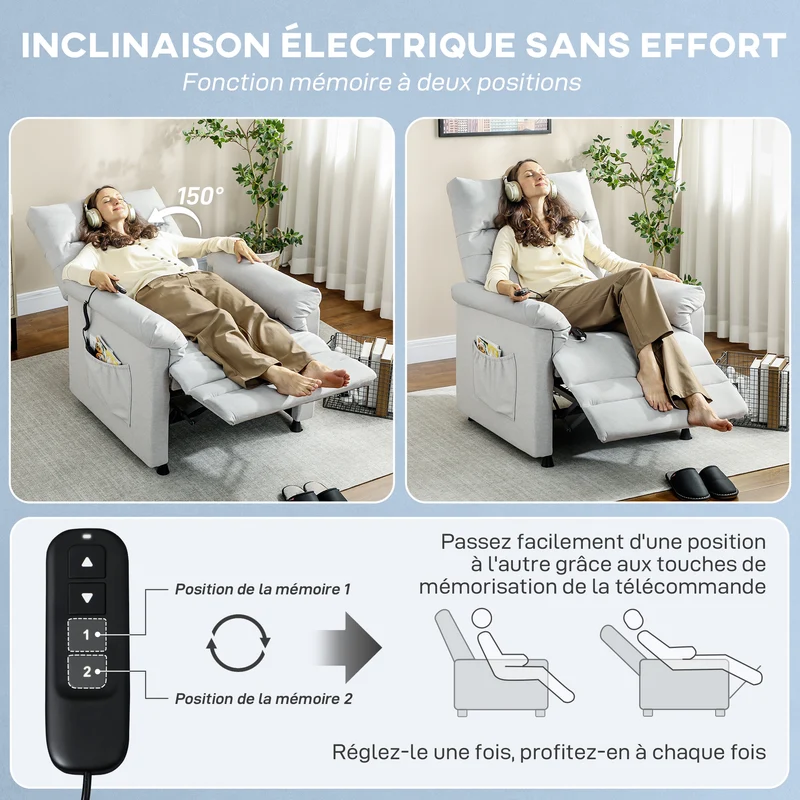 Fauteuil relax inclinable électrique 82 x 99 x 106 cm massage 8 points chaleur lombaire moderne en velours gris clair 21_0000834