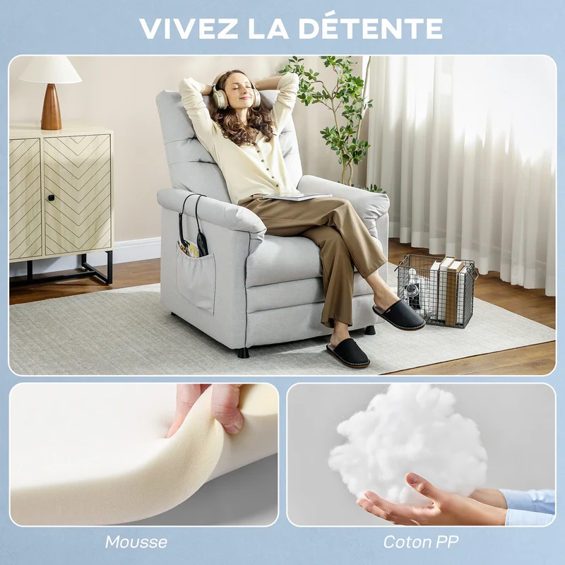 Fauteuil relax inclinable électrique 82 x 99 x 106 cm massage 8 points chaleur lombaire moderne en velours gris clair 21_0000834
