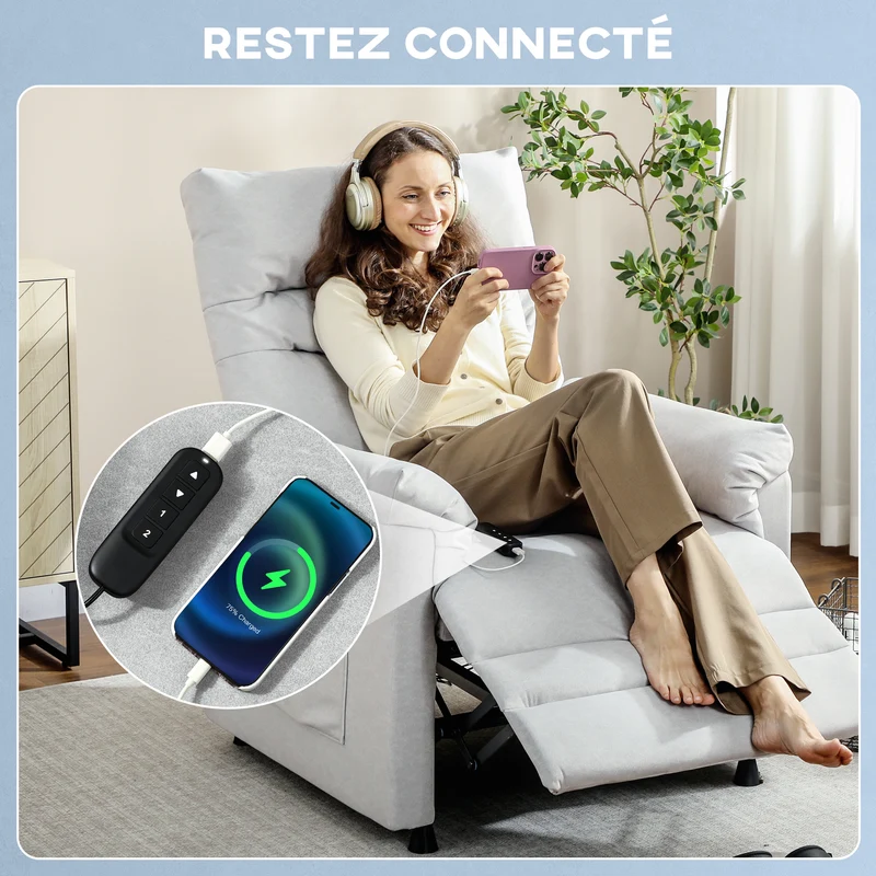 Fauteuil relax inclinable électrique 82 x 99 x 106 cm massage 8 points chaleur lombaire moderne en velours gris clair 21_0000834