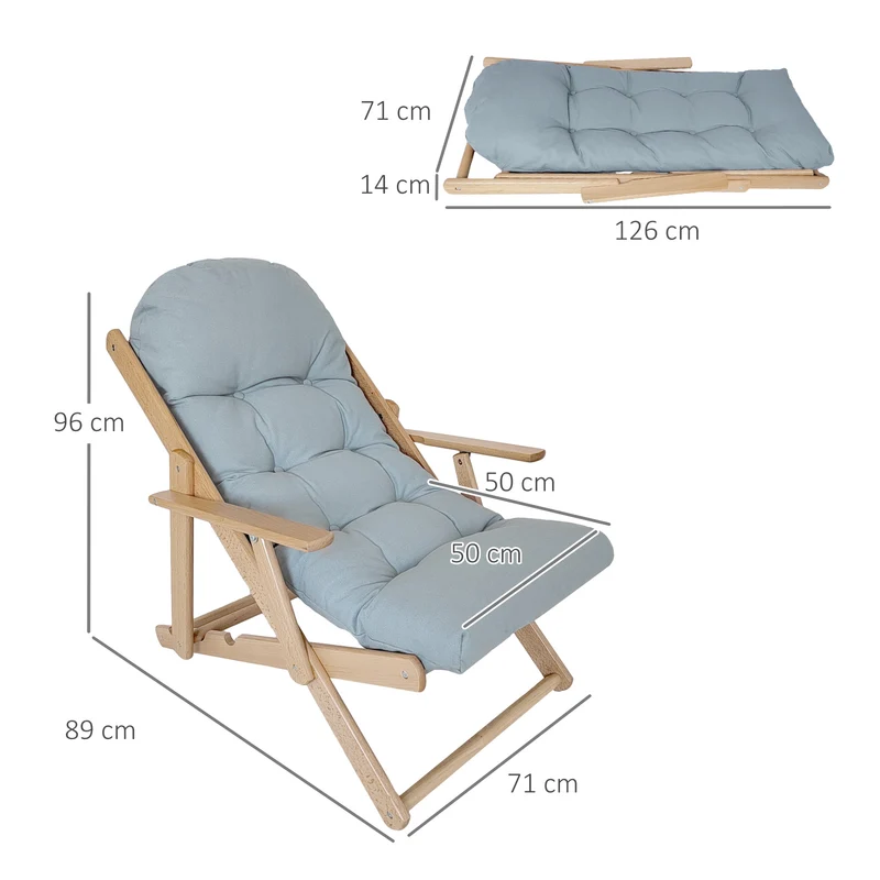 Fauteuil pliable salon 71 x 89 x 96 cm dossier inclinable 3 positions coussin capitonné épais scandinave en bois gris 21_0003072