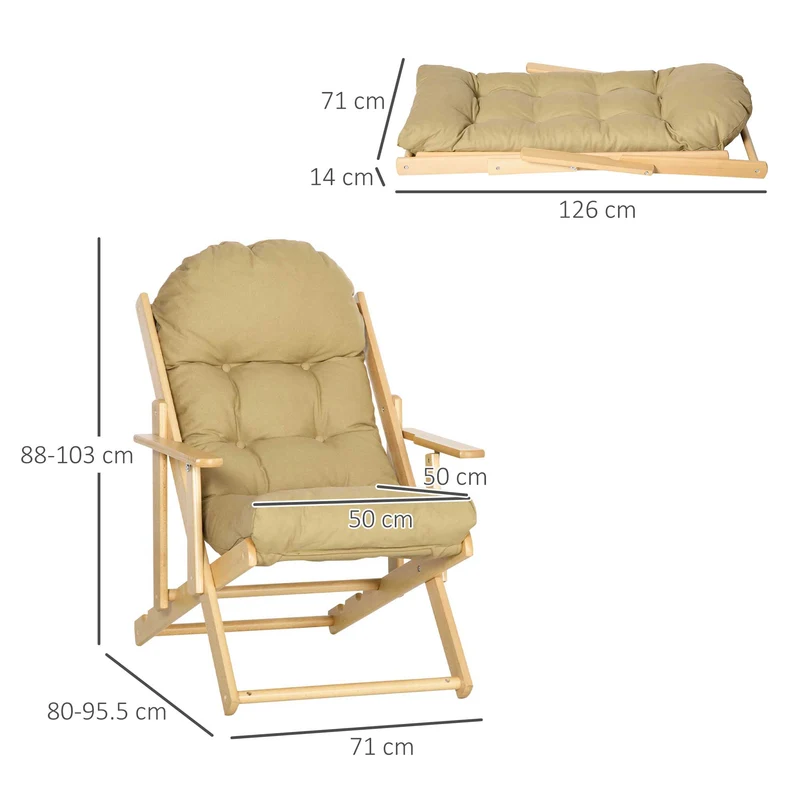 Fauteuil pliable inclinable salon 71 x 89 x 96 cm coussin capitonné épais ergonomique rustique en bois marron clair 21_0003069