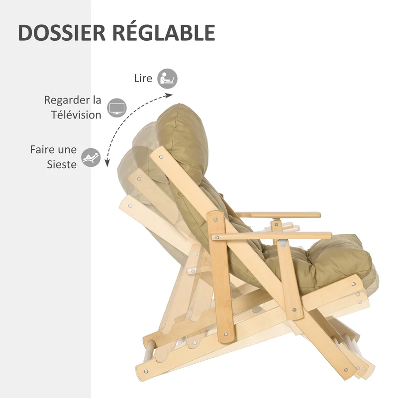 Fauteuil pliable inclinable salon 71 x 89 x 96 cm coussin capitonné épais ergonomique rustique en bois marron clair 21_0003069