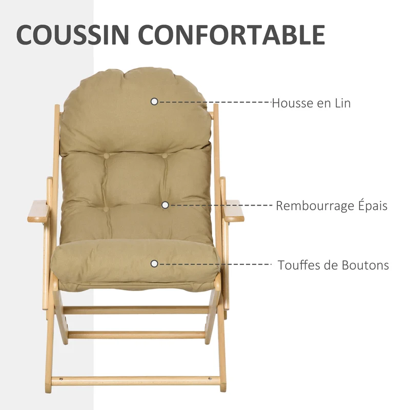 Fauteuil pliable inclinable salon 71 x 89 x 96 cm coussin capitonné épais ergonomique rustique en bois marron clair 21_0003069