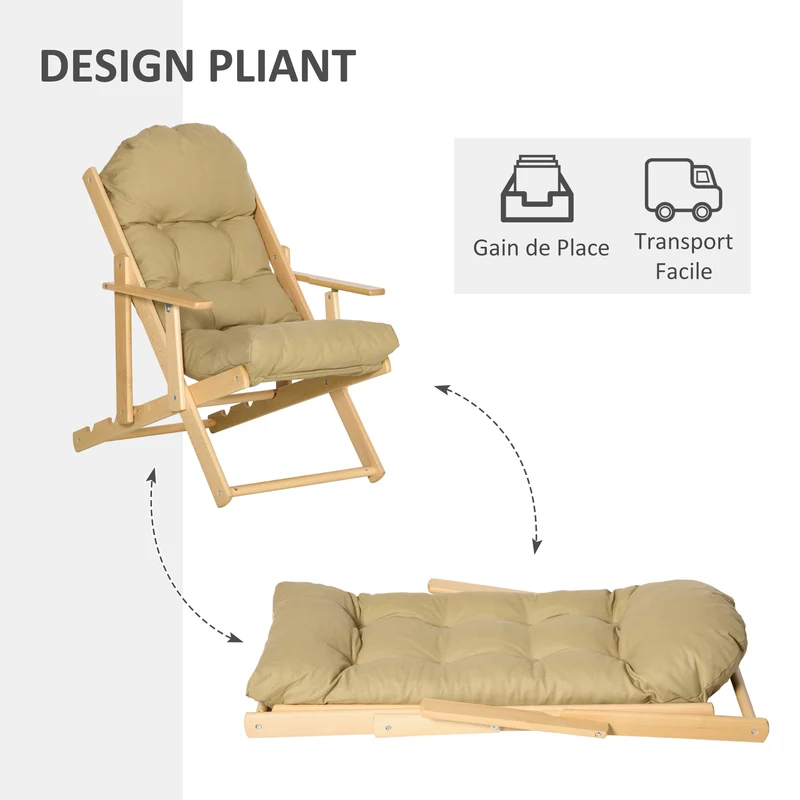 Fauteuil pliable inclinable salon 71 x 89 x 96 cm coussin capitonné épais ergonomique rustique en bois marron clair 21_0003069