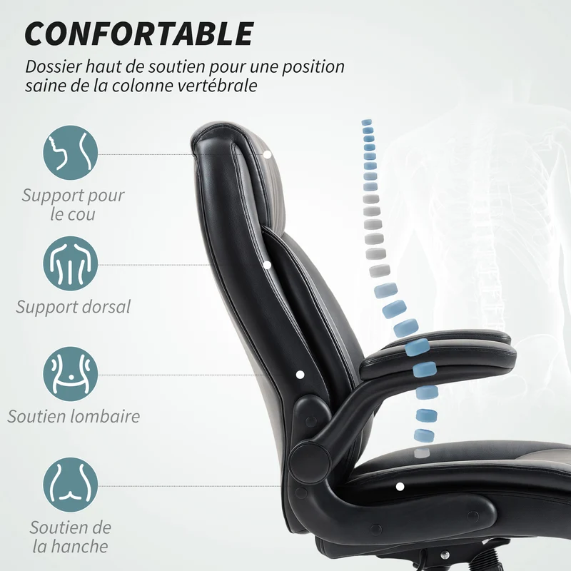 Fauteuil de bureau ergonomique 72 x 79 x 106-114 cm accoudoirs rabattables hauteur réglable moderne en polyuréthane noir 21_0006309