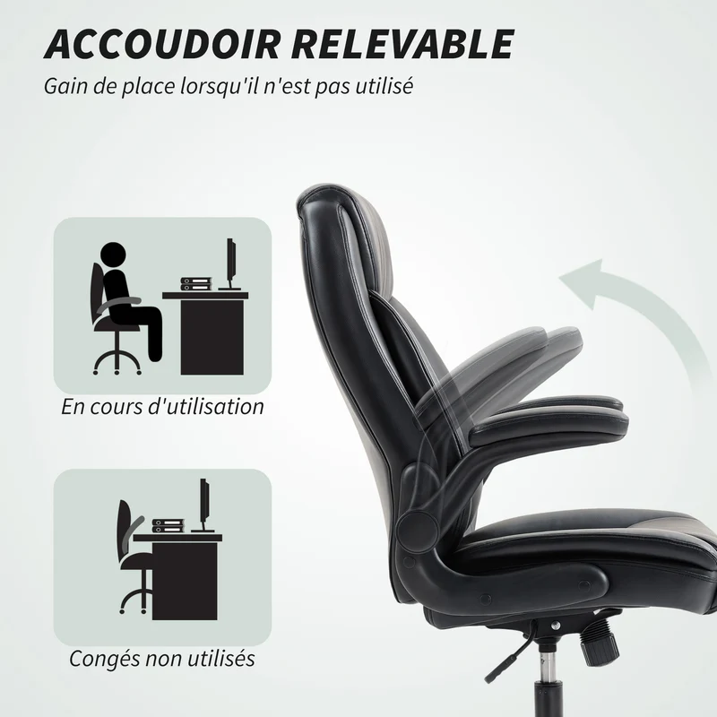 Fauteuil de bureau ergonomique 72 x 79 x 106-114 cm accoudoirs rabattables hauteur réglable moderne en polyuréthane noir 21_0006309