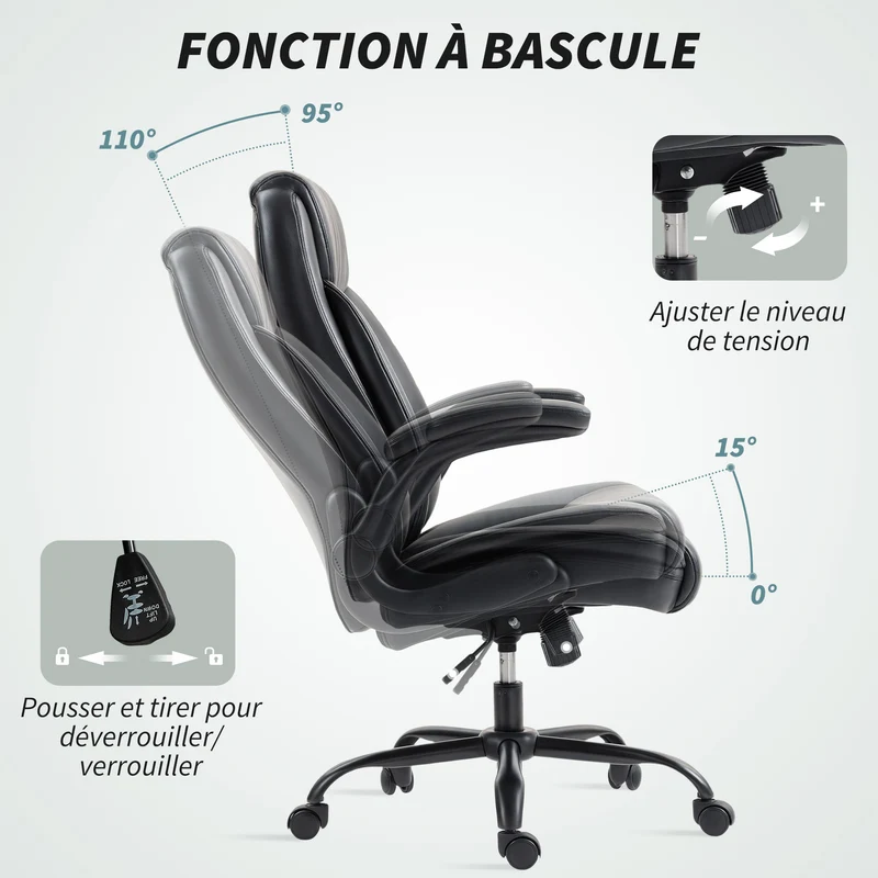 Fauteuil de bureau ergonomique 72 x 79 x 106-114 cm accoudoirs rabattables hauteur réglable moderne en polyuréthane noir 21_0006309