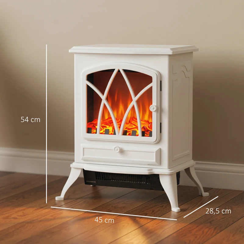 Cheminée électrique sur pied poêle ancien 45 x 28,5 x 54 cm effet flammes chauffage réglable vintage cosy en métal blanc 21_0001097