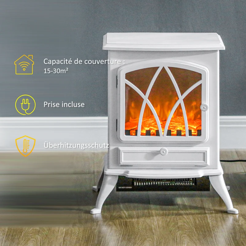 Cheminée électrique sur pied poêle ancien 45 x 28,5 x 54 cm effet flammes chauffage réglable vintage cosy en métal blanc 21_0001097