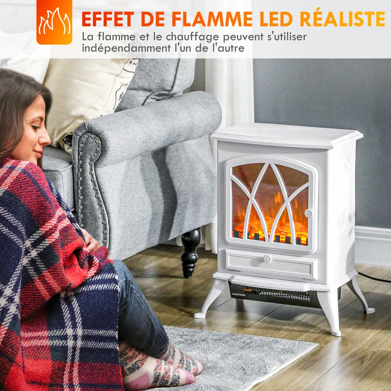 Cheminée électrique sur pied poêle ancien 45 x 28,5 x 54 cm effet flammes chauffage réglable vintage cosy en métal blanc 21_0001097