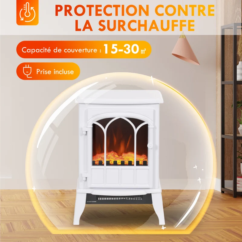 Cheminée électrique poêle d'antan 39 x 23 x 56.5 cm chaleur réglable ambiance cocooning style vintage en métal blanc 21_0001104