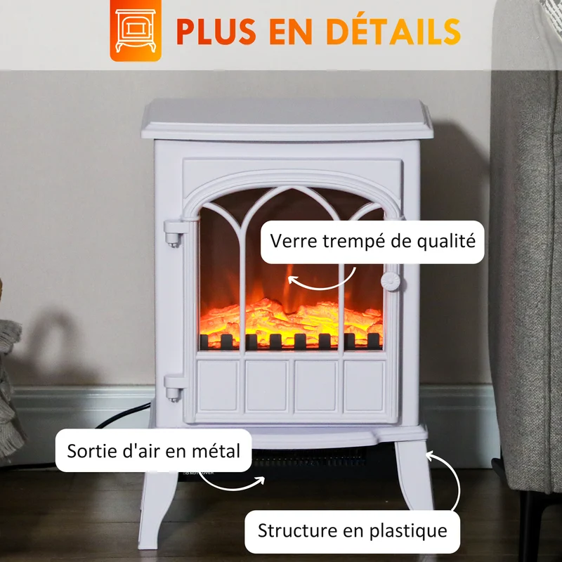 Cheminée électrique poêle d'antan 39 x 23 x 56.5 cm chaleur réglable ambiance cocooning style vintage en métal blanc 21_0001104