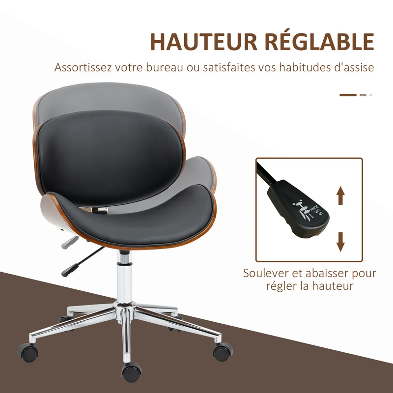 Chaise de bureau ergonomique 53 x 53 x 77-87 cm hauteur réglable pivotant 360° vintage contemporain confort en PU noir 21_0006223