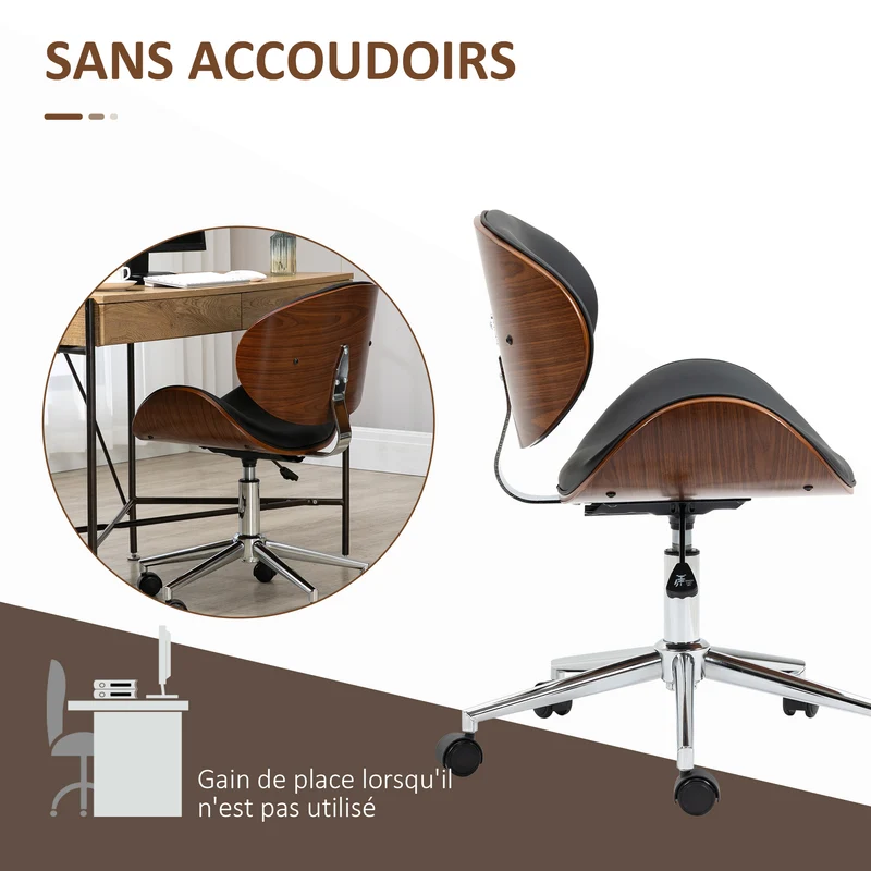 Chaise de bureau ergonomique 53 x 53 x 77-87 cm hauteur réglable pivotant 360° vintage contemporain confort en PU noir 21_0006223