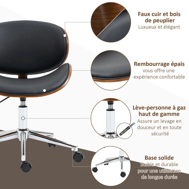 Chaise de bureau ergonomique 53 x 53 x 77-87 cm hauteur réglable pivotant 360° vintage contemporain confort en PU noir 21_0006223