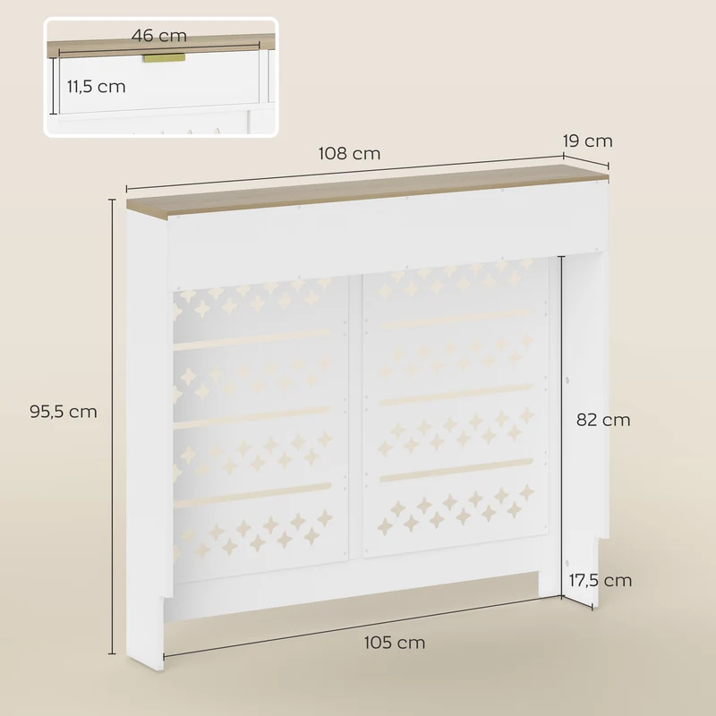 Cacheradiateur entrée 108 x 19 x 95.5 cm placard basculant et étagère rangement design moderne motif croisé en MDF blanc 21_0001152
