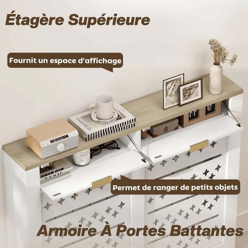 Cacheradiateur entrée 108 x 19 x 95.5 cm placard basculant et étagère rangement design moderne motif croisé en MDF blanc 21_0001152