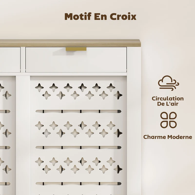Cacheradiateur entrée 108 x 19 x 95.5 cm placard basculant et étagère rangement design moderne motif croisé en MDF blanc 21_0001152