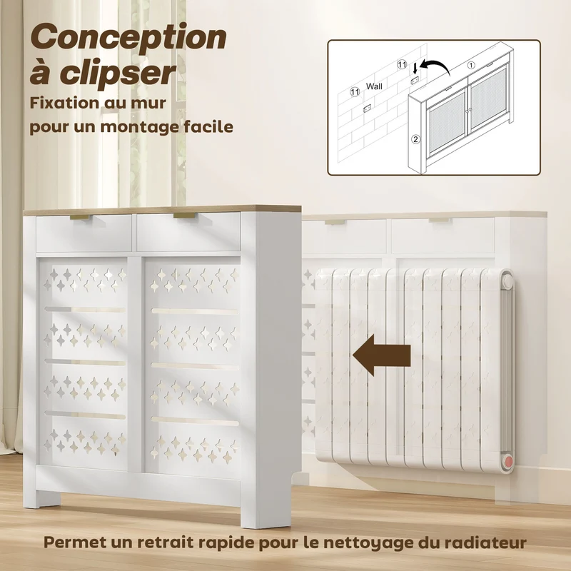 Cacheradiateur entrée 108 x 19 x 95.5 cm placard basculant et étagère rangement design moderne motif croisé en MDF blanc 21_0001152