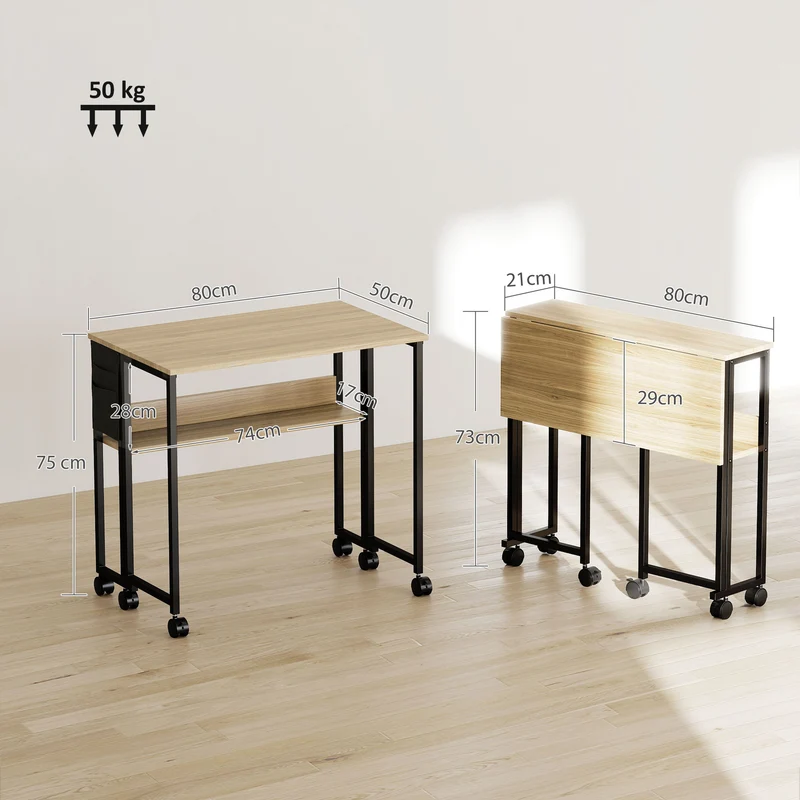 Bureau pliable gain de place 80 x 50 x 75 cm avec étagère et sac latéral roulettes freinables moderne épuré en MDF chêne 21_0002531