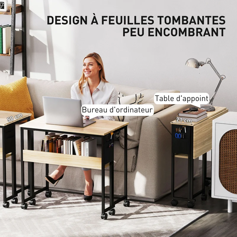 Bureau pliable gain de place 80 x 50 x 75 cm avec étagère et sac latéral roulettes freinables moderne épuré en MDF chêne 21_0002531
