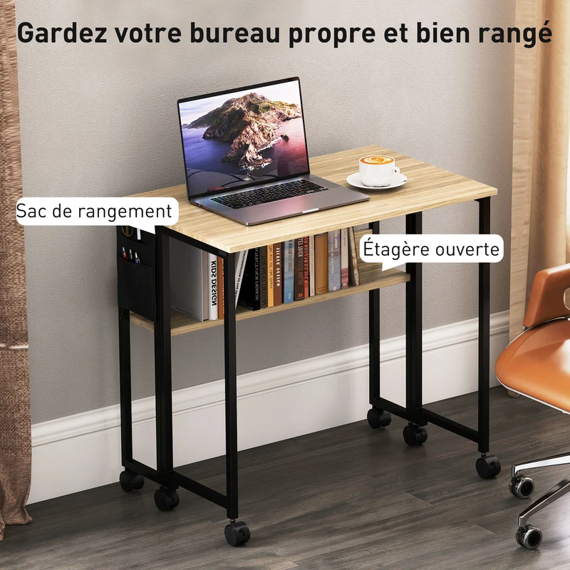 Bureau pliable gain de place 80 x 50 x 75 cm avec étagère et sac latéral roulettes freinables moderne épuré en MDF chêne 21_0002531